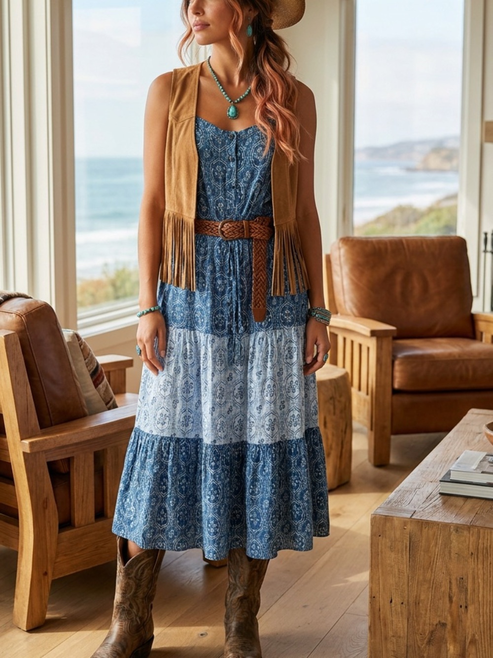 Indigo Oasis Tiered Midi Dress